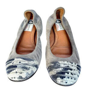 LANVIN Ballet Flats Tan Suede Leather Snake Animal Print Cap Toe Women’s 37.5